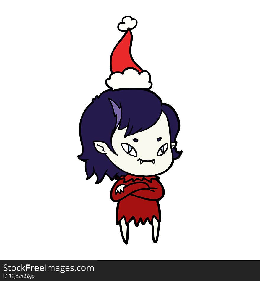 line drawing of a friendly vampire girl wearing santa hat