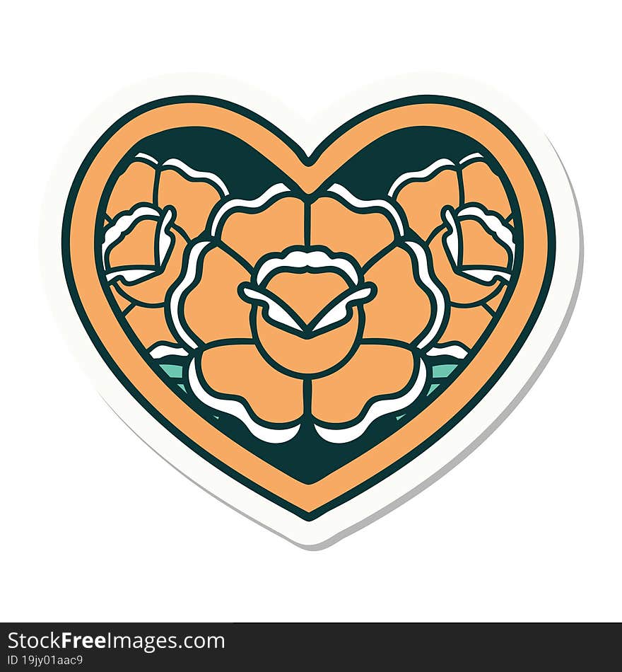 sticker of tattoo in traditional style of a heart and flowers. sticker of tattoo in traditional style of a heart and flowers