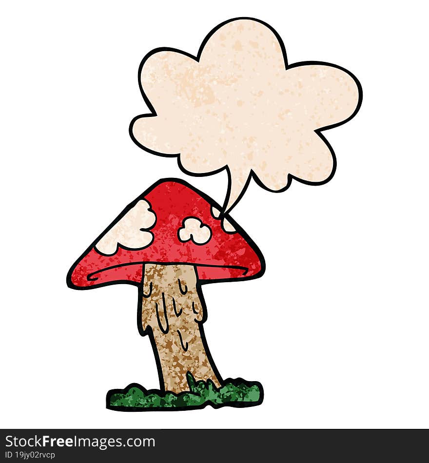 cartoon mushroom and speech bubble in retro texture style