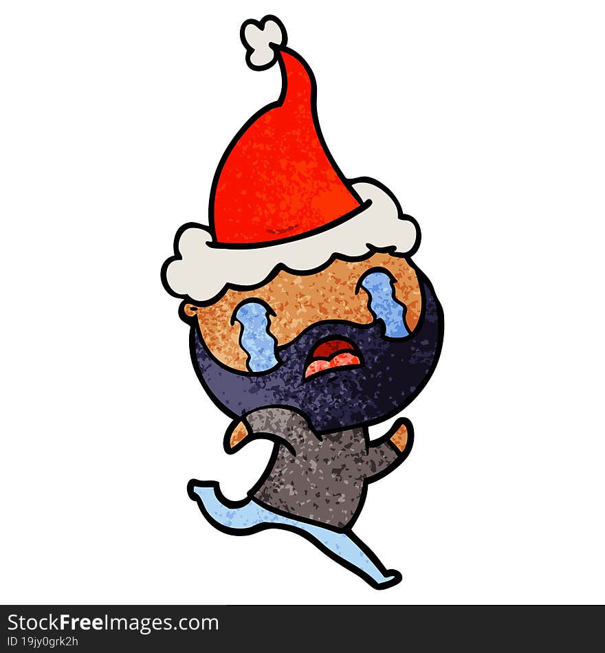 textured cartoon of a bearded man crying wearing santa hat