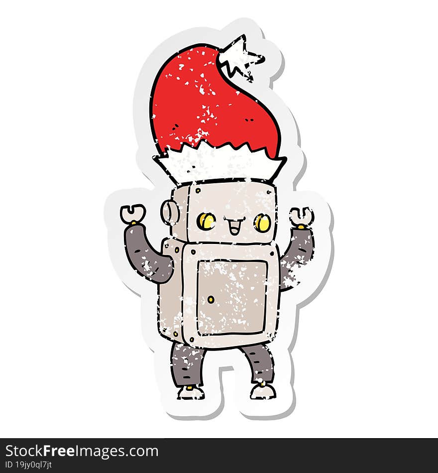 Distressed Sticker Of A Cartoon Christmas Robot