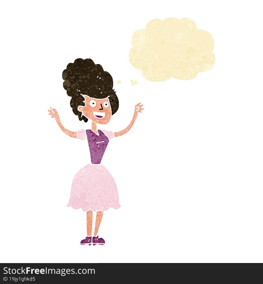 cartoon happy 1950 s woman with thought bubble