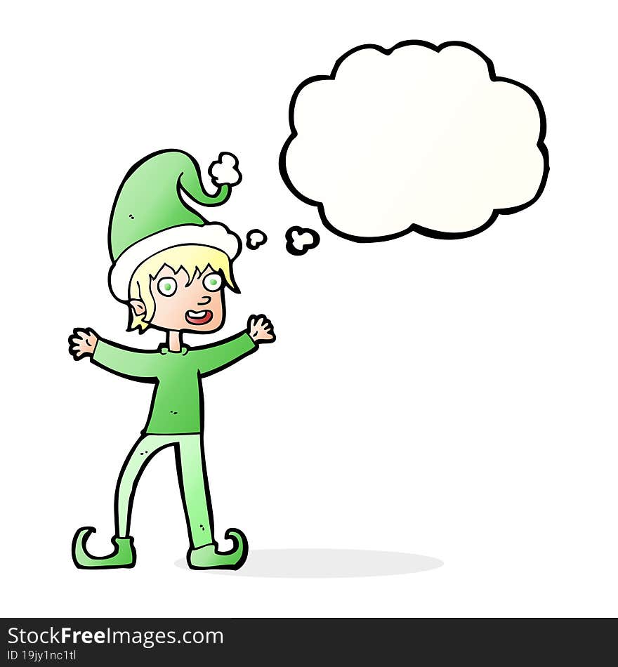 cartoon excited christmas elf with thought bubble