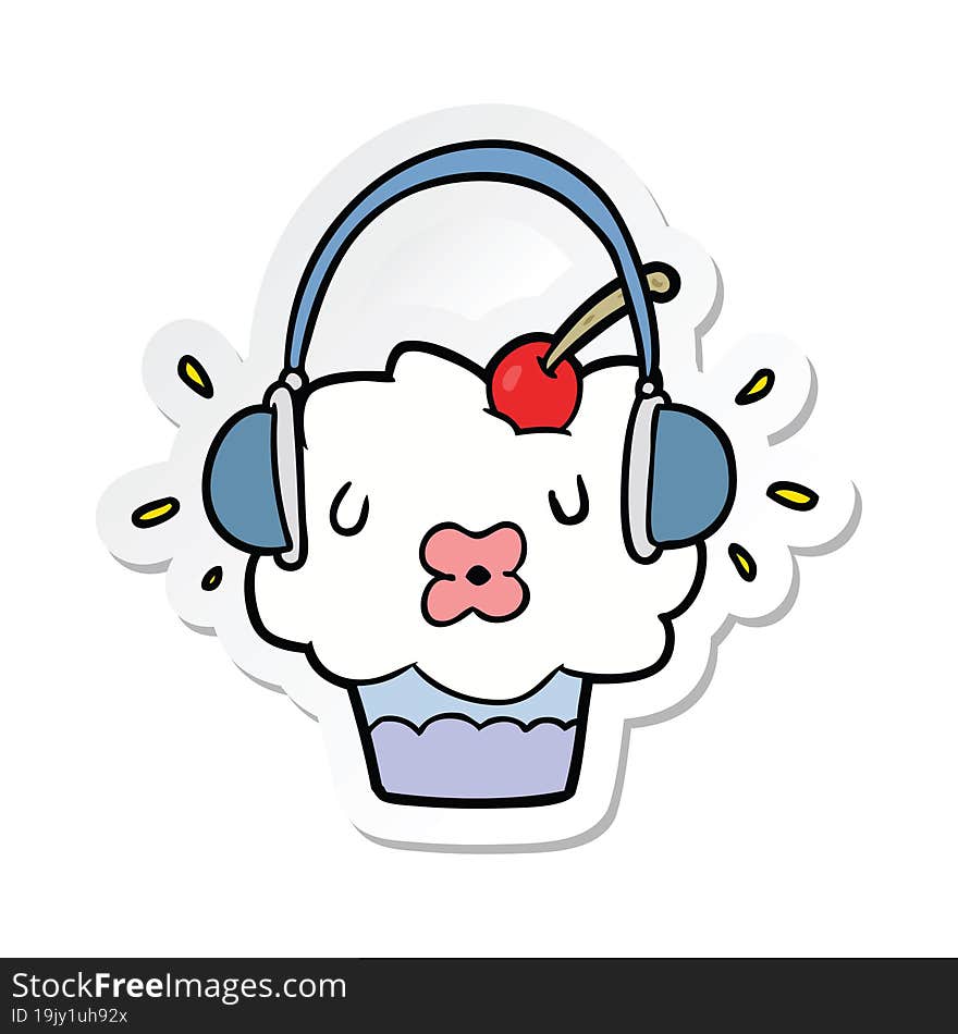 sticker of a cartoon cupcake listening to music