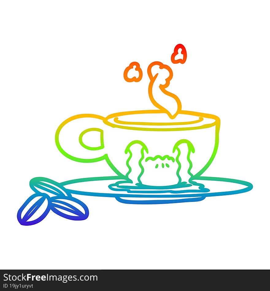 rainbow gradient line drawing of a cartoon crying espresso mug