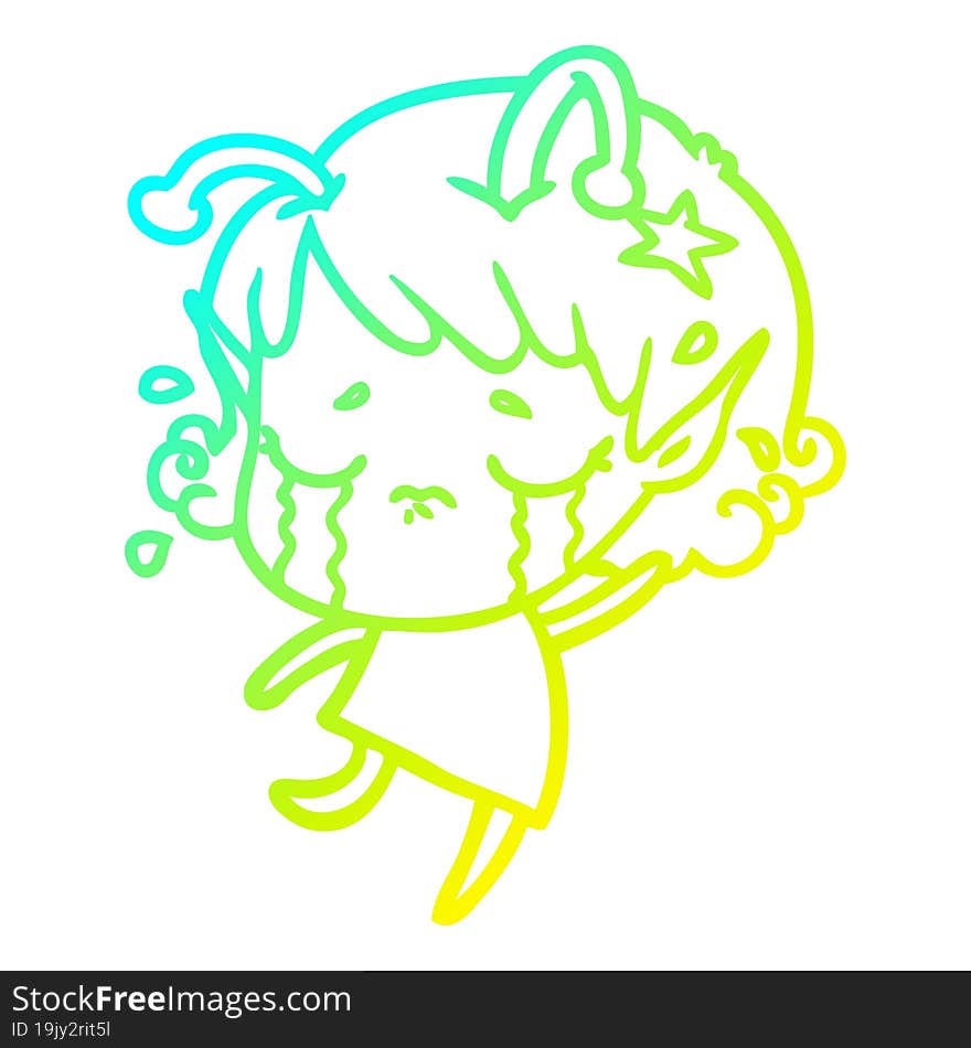 cold gradient line drawing cartoon crying alien girl