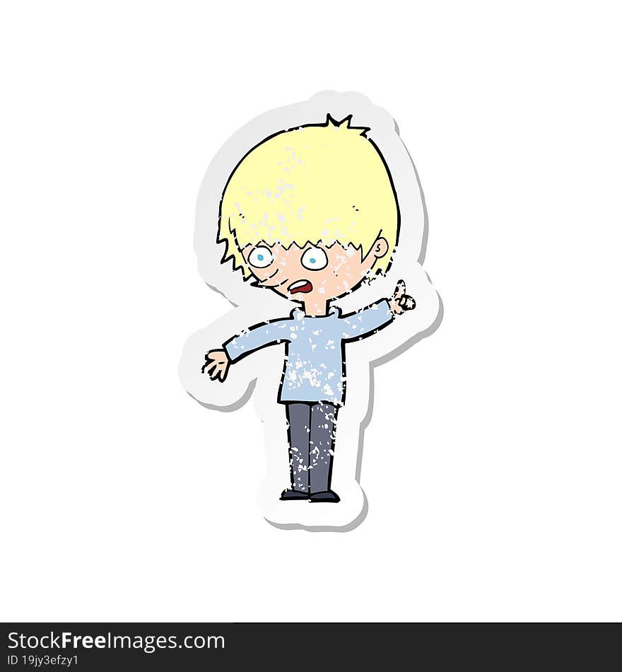 retro distressed sticker of a cartoon boy with question