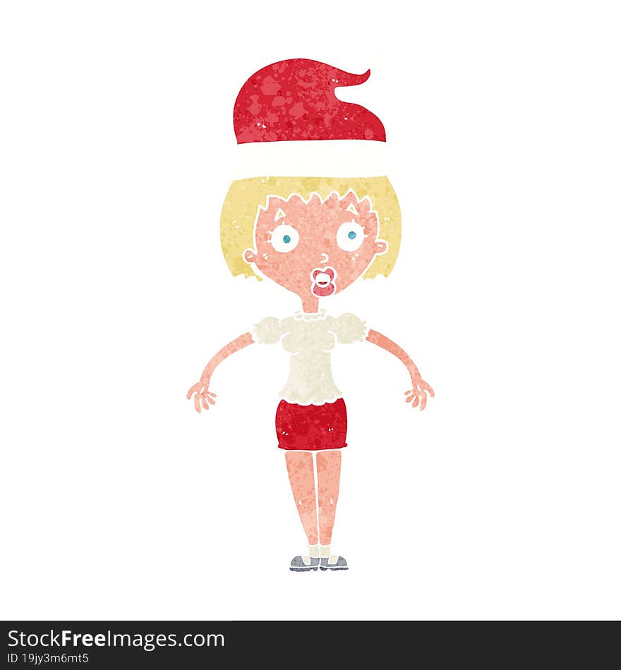 cartoon woman wearing christmas hat shrugging shoulders