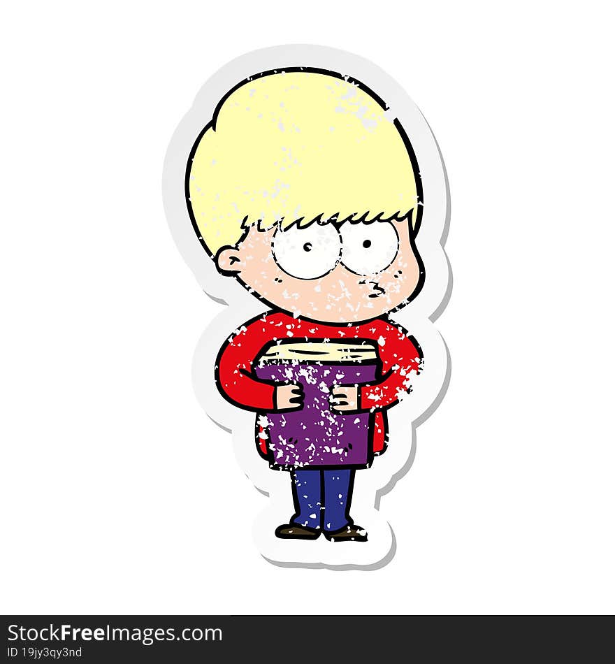 Distressed Sticker Of A Nervous Cartoon Boy Holding Book