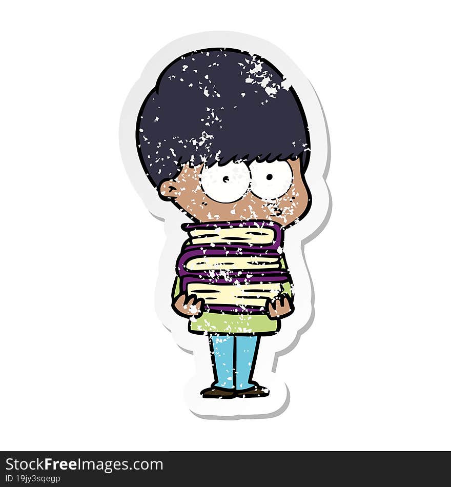 distressed sticker of a nervous cartoon boy carrying books