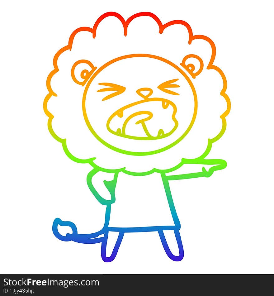 rainbow gradient line drawing of a cartoon angry lion in dress