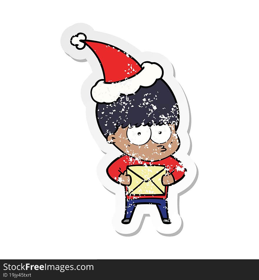 nervous distressed sticker cartoon of a boy wearing santa hat