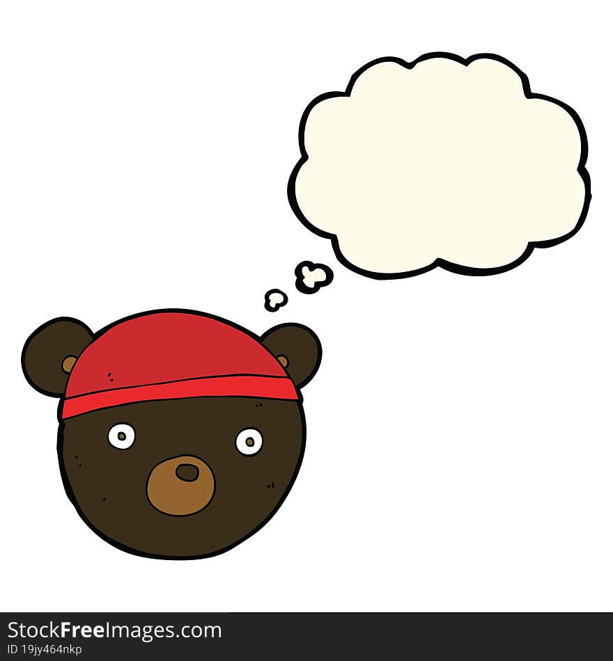 cartoon black bear cub wearing hat with thought bubble