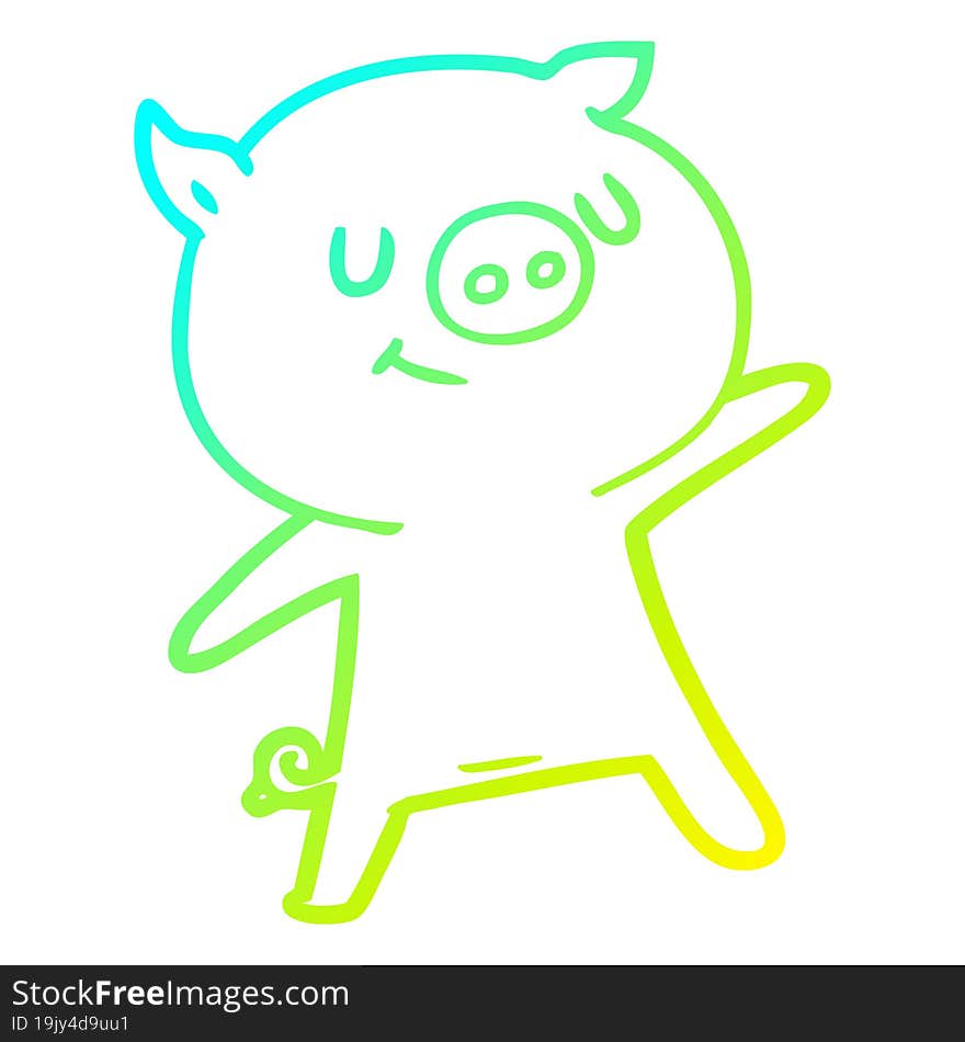 cold gradient line drawing happy cartoon pig waving