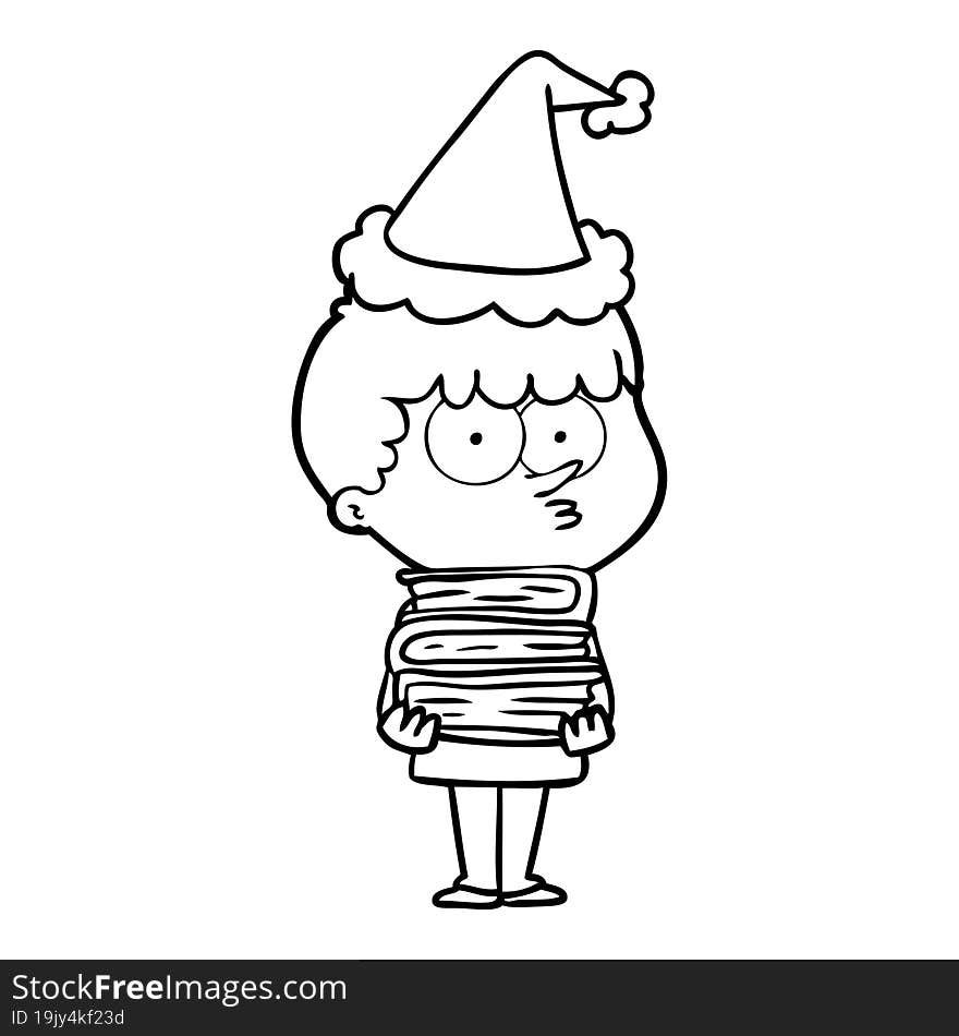 Line Drawing Of A Curious Boy With Lots Of Books Wearing Santa Hat