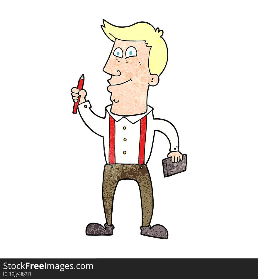 textured cartoon man with notebook and pen