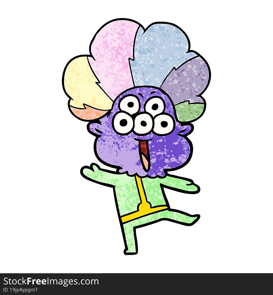 happy cartoon alien dancing in clown wig. happy cartoon alien dancing in clown wig