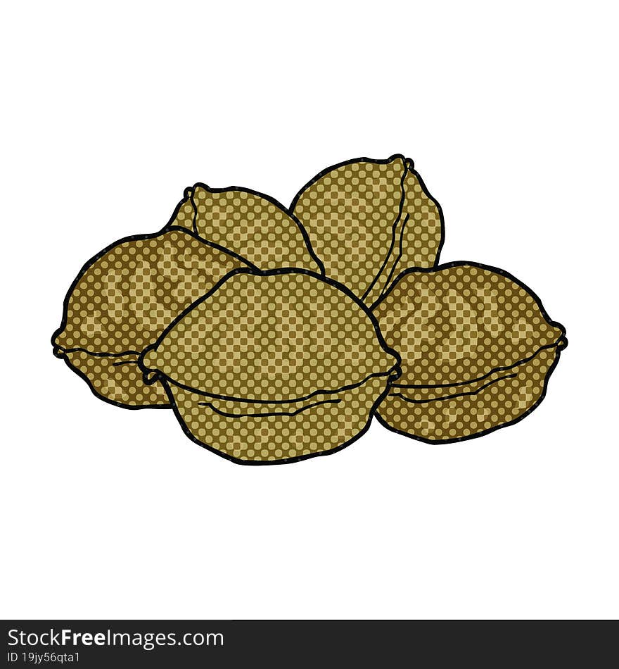 freehand drawn comic book style cartoon walnuts in shell