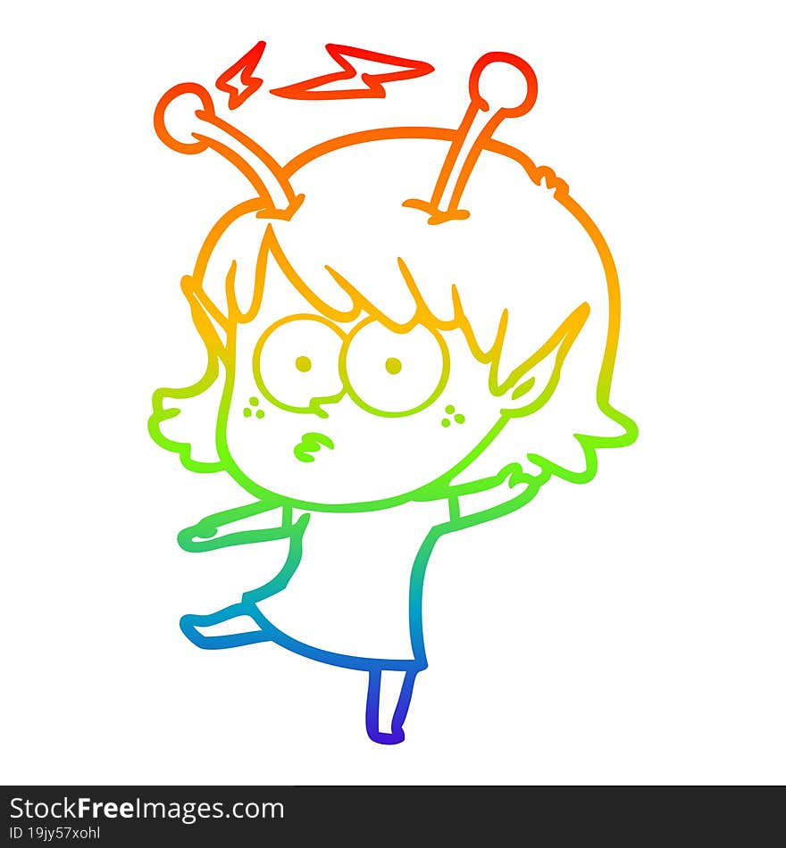 rainbow gradient line drawing of a cartoon alien girl