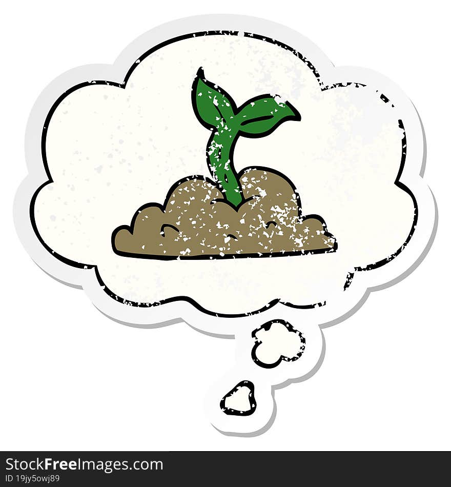 Cartoon Growing Seedling And Thought Bubble As A Distressed Worn Sticker