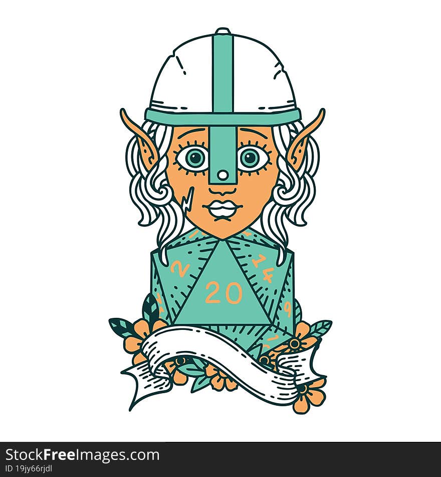 Elf Fighter Character With Natural Twenty Dice Roll Illustration