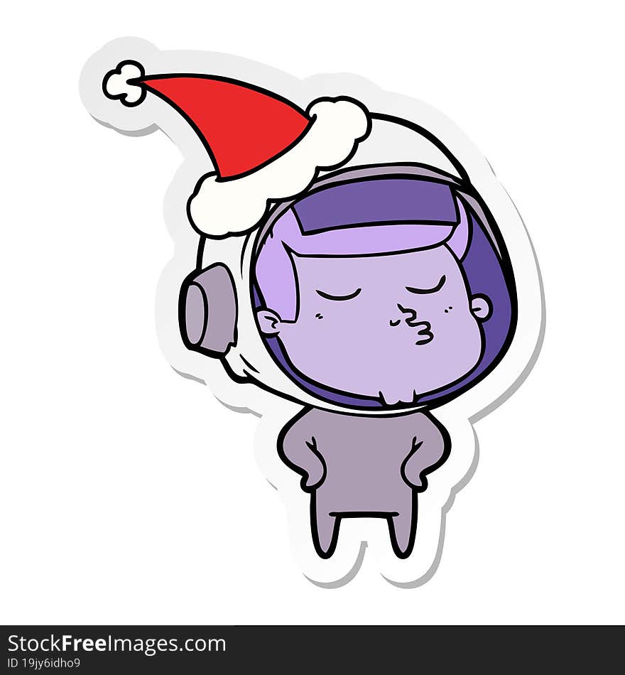 hand drawn sticker cartoon of a confident astronaut wearing santa hat