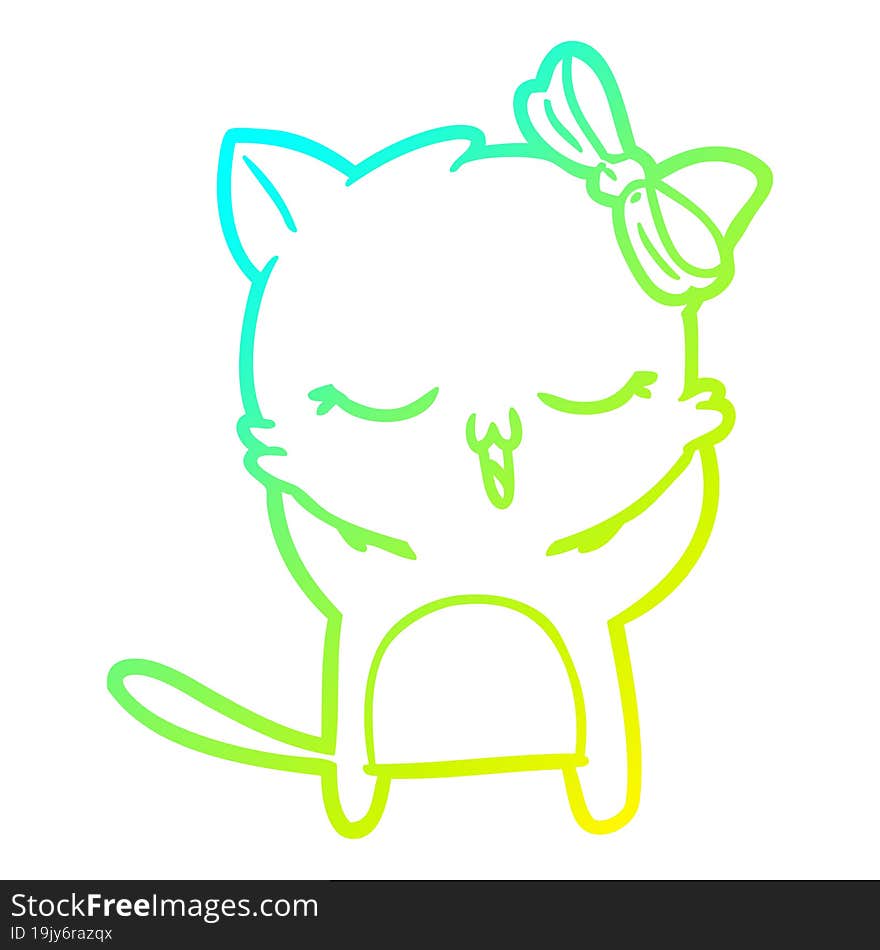 cold gradient line drawing cartoon cat with bow on head