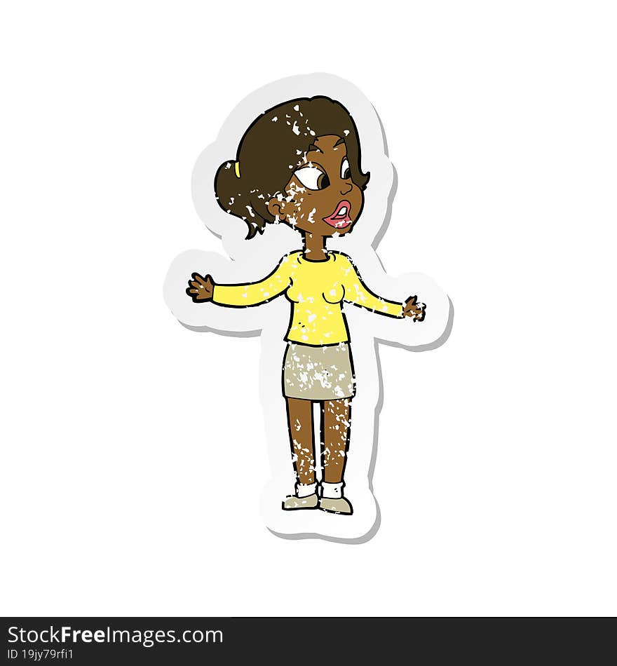 Retro Distressed Sticker Of A Cartoon Pretty Woman Explaining Something