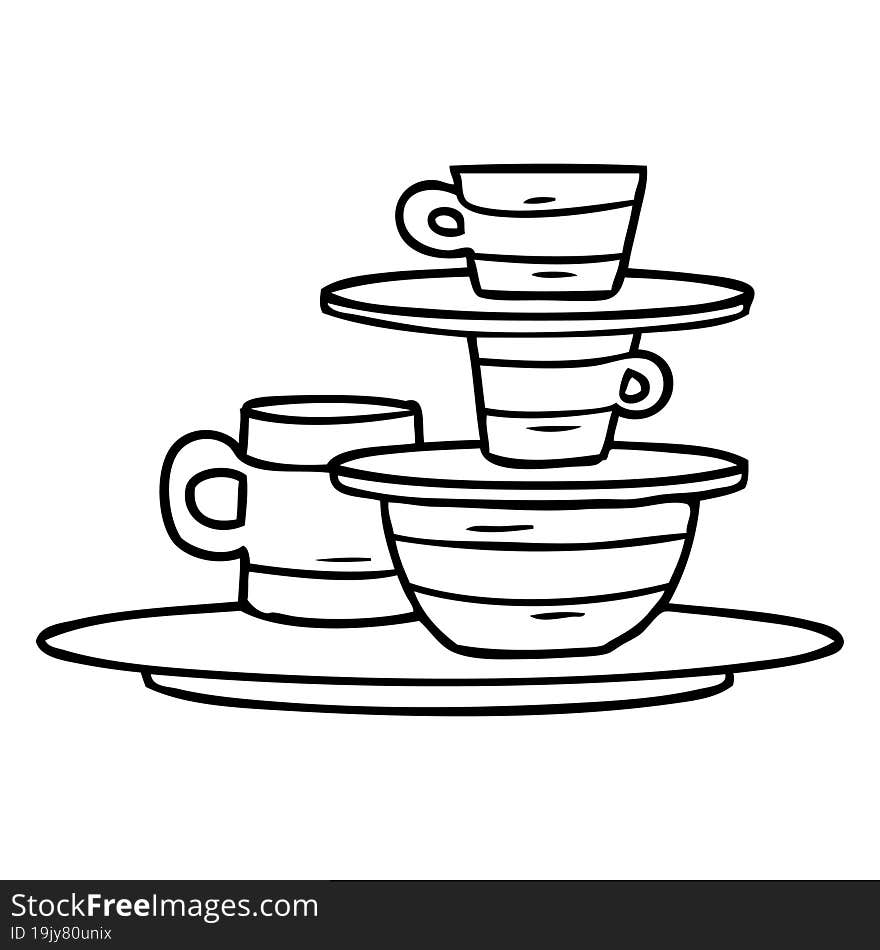 hand drawn line drawing doodle of colourful bowls and plates