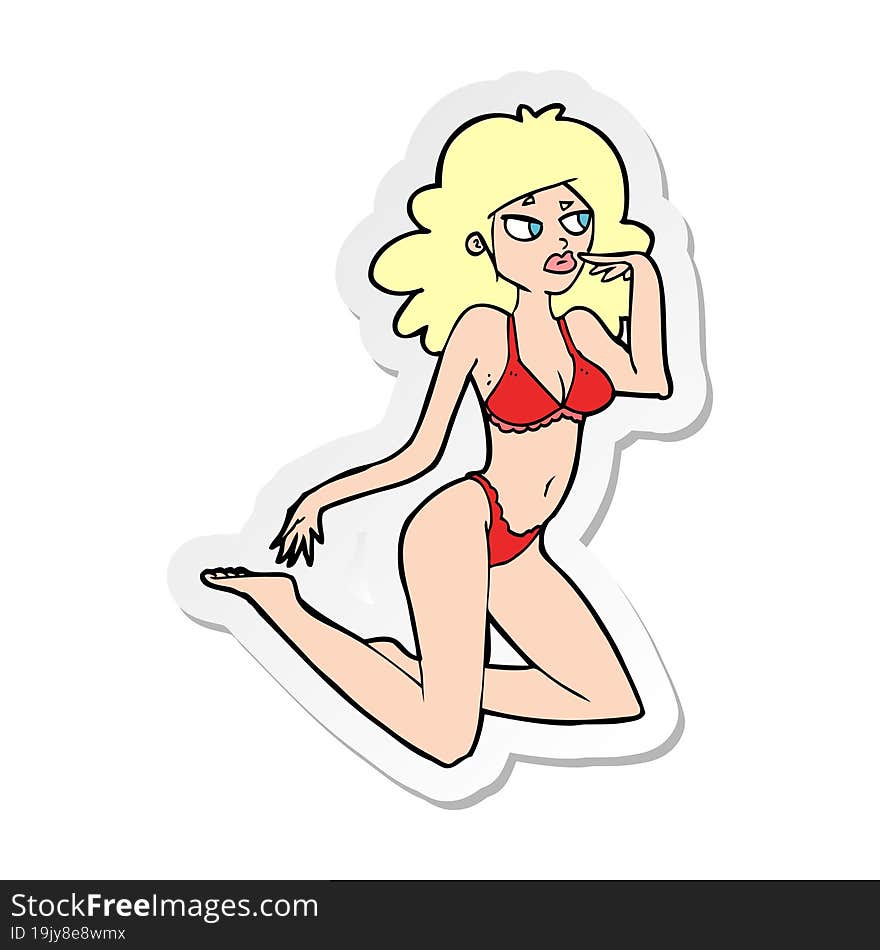 Sticker Of A Cartoon Woman In Underwear Looking Thoughtful