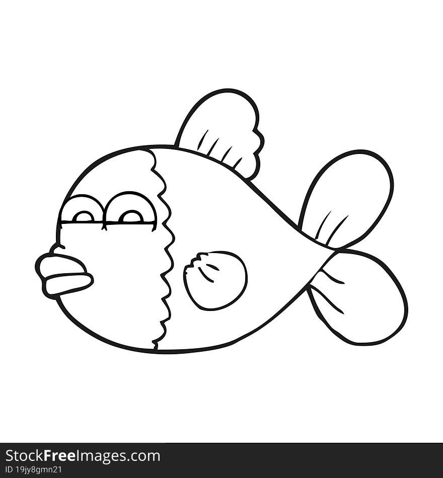 freehand drawn black and white cartoon fish