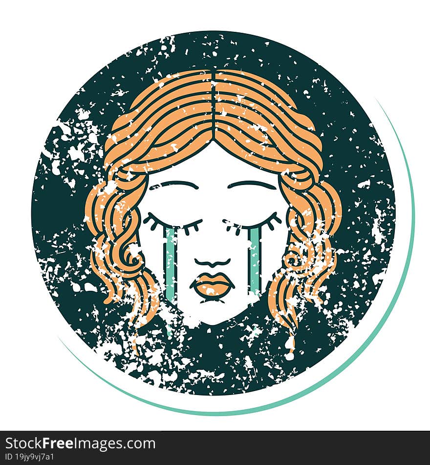 distressed sticker tattoo style icon of female face crying