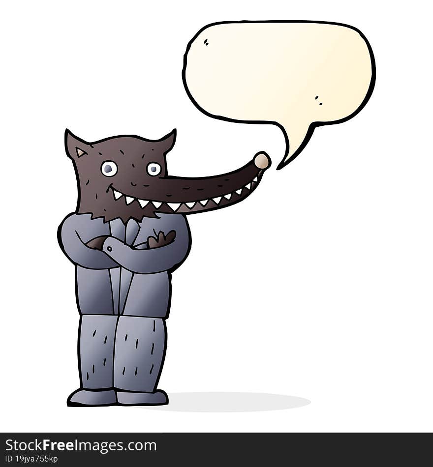 cartoon wolf man with speech bubble