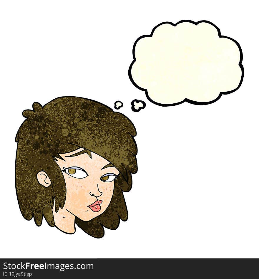 cartoon curious woman with thought bubble