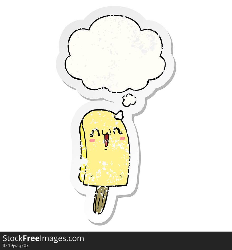 cartoon frozen ice lolly with thought bubble as a distressed worn sticker