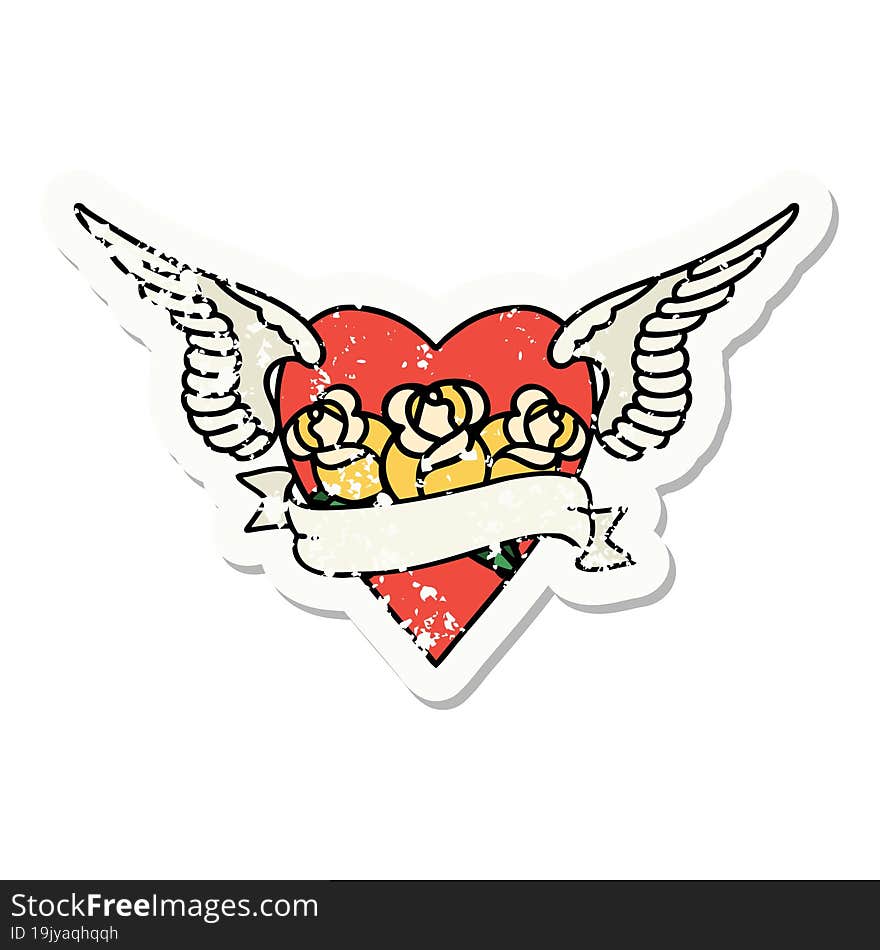 traditional distressed sticker tattoo of a heart with wings flowers and banner