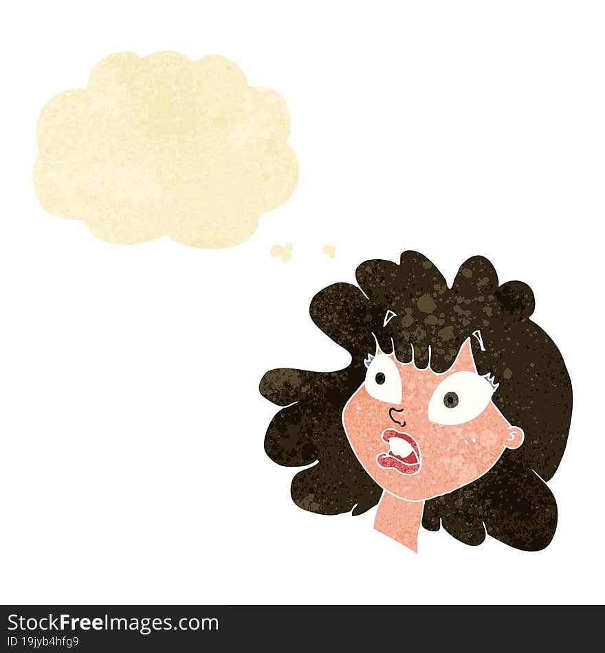 cartoon shocked female face with thought bubble