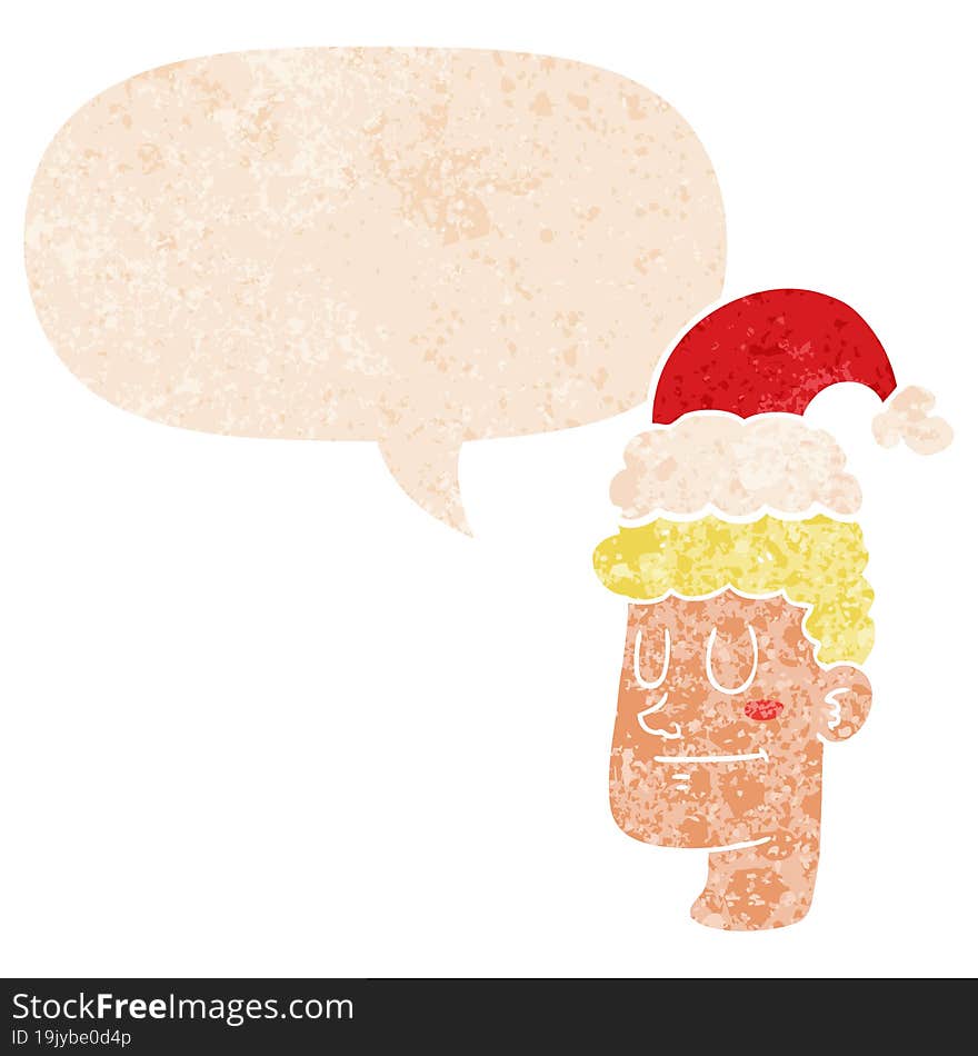 cartoon man wearing christmas hat and speech bubble in retro textured style