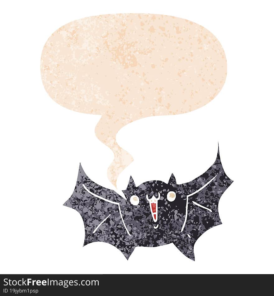 cartoon happy vampire bat and speech bubble in retro textured style