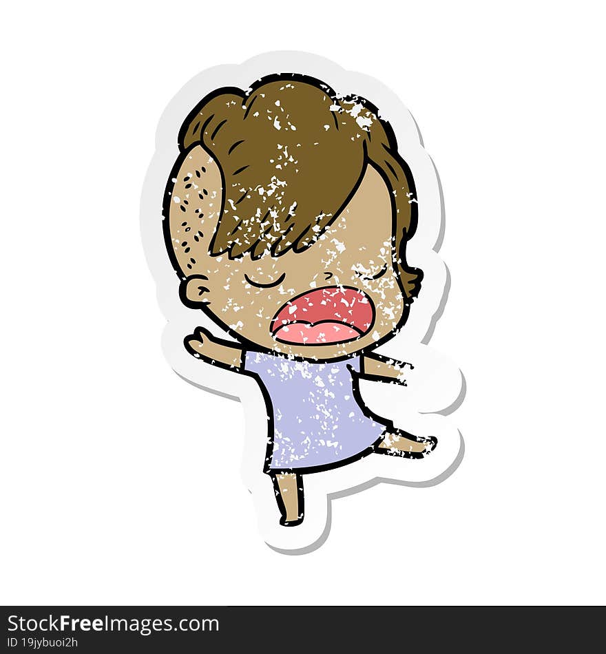 Distressed Sticker Of A Cartoon Cool Hipster Girl Talking