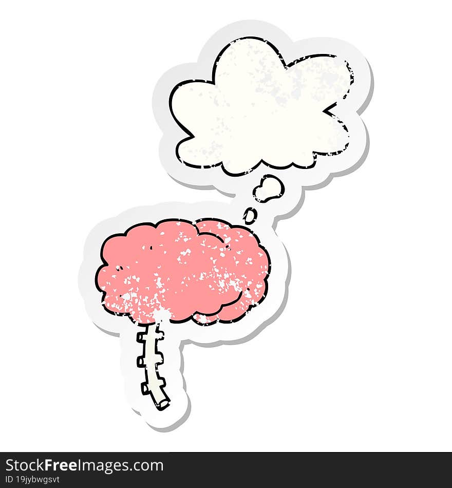 cartoon brain and thought bubble as a distressed worn sticker