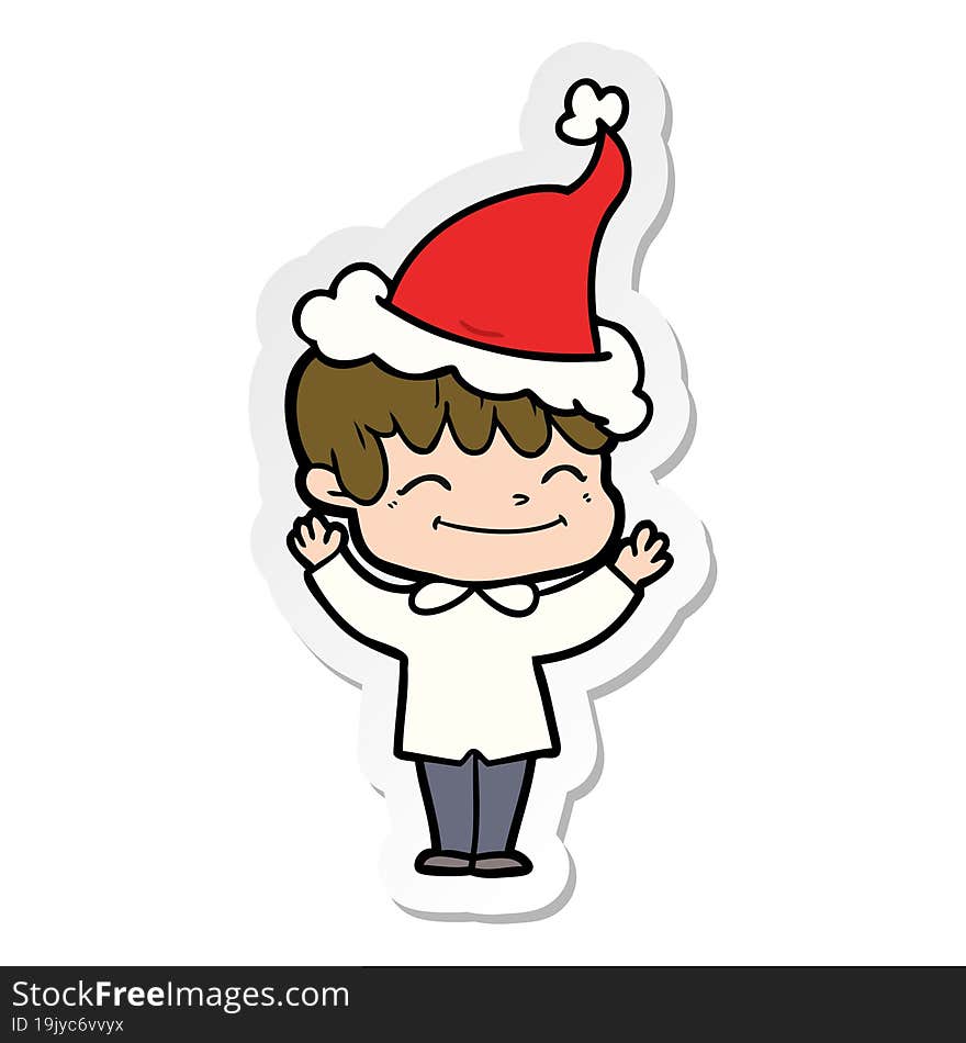 sticker cartoon of a happy boy wearing santa hat