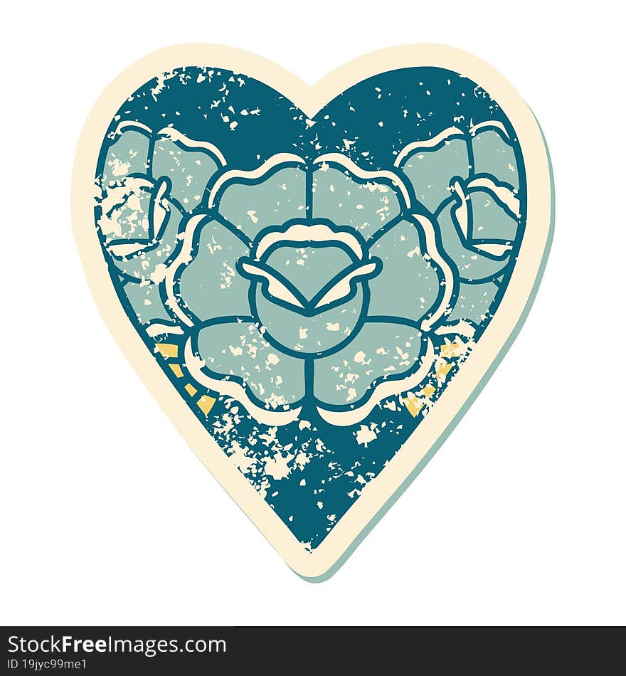 iconic distressed sticker tattoo style image of a heart and flowers. iconic distressed sticker tattoo style image of a heart and flowers