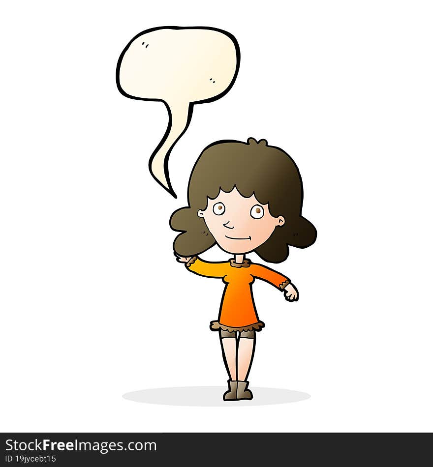 cartoon friendly woman waving with speech bubble