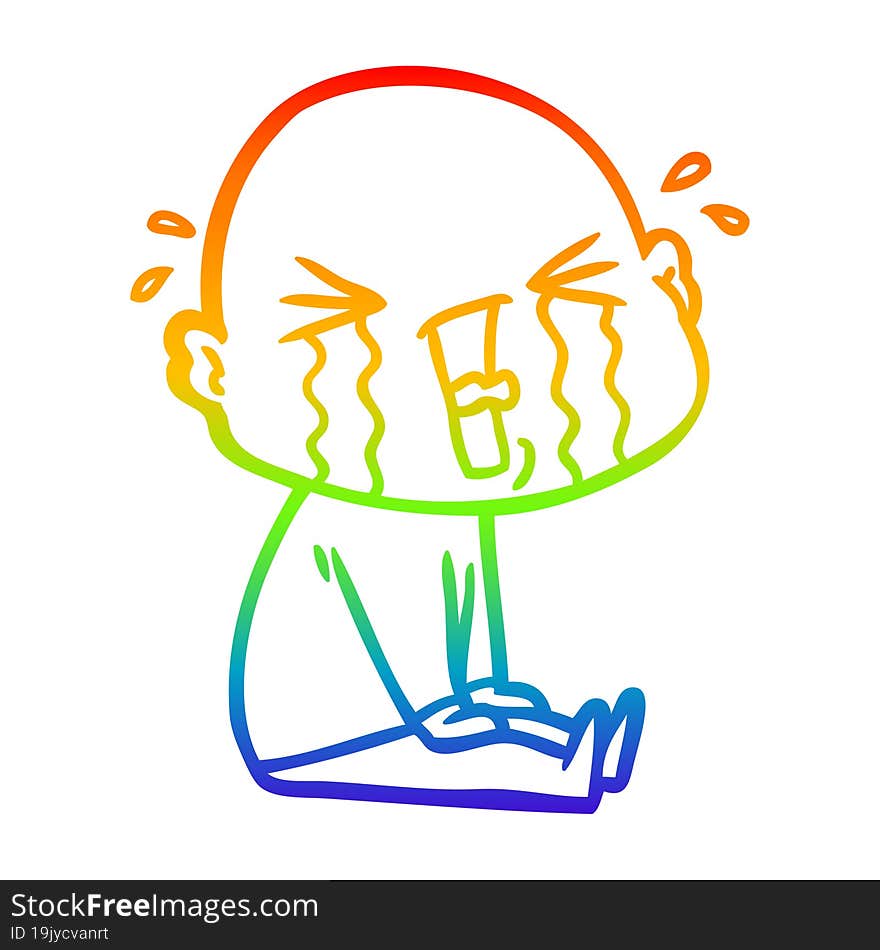 Rainbow Gradient Line Drawing Cartoon Crying Bald Man