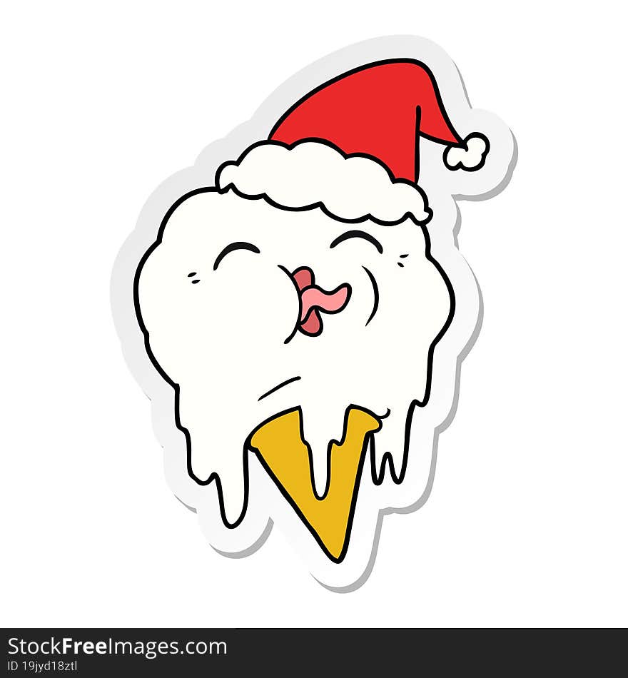 sticker cartoon of a melting ice cream wearing santa hat