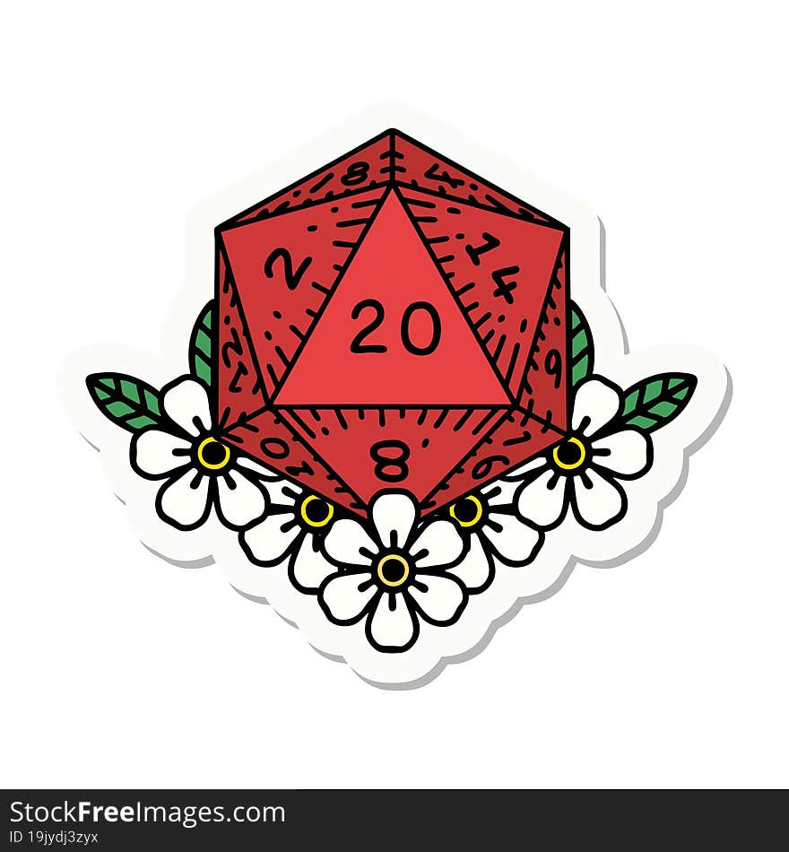 natural 20 D20 dice roll with floral elements sticker