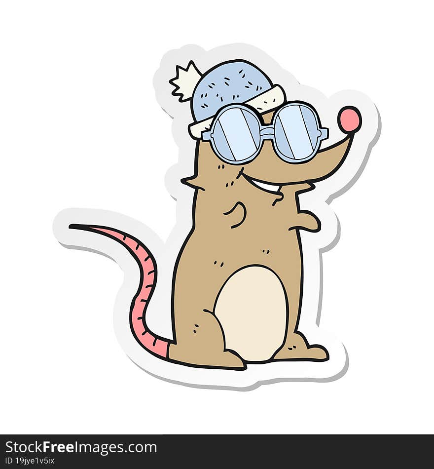 sticker of a cartoon mouse wearing glasses and hat