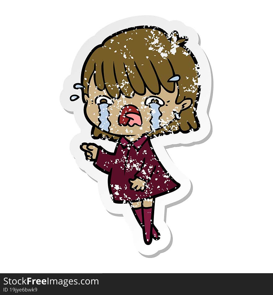 distressed sticker of a cartoon girl crying