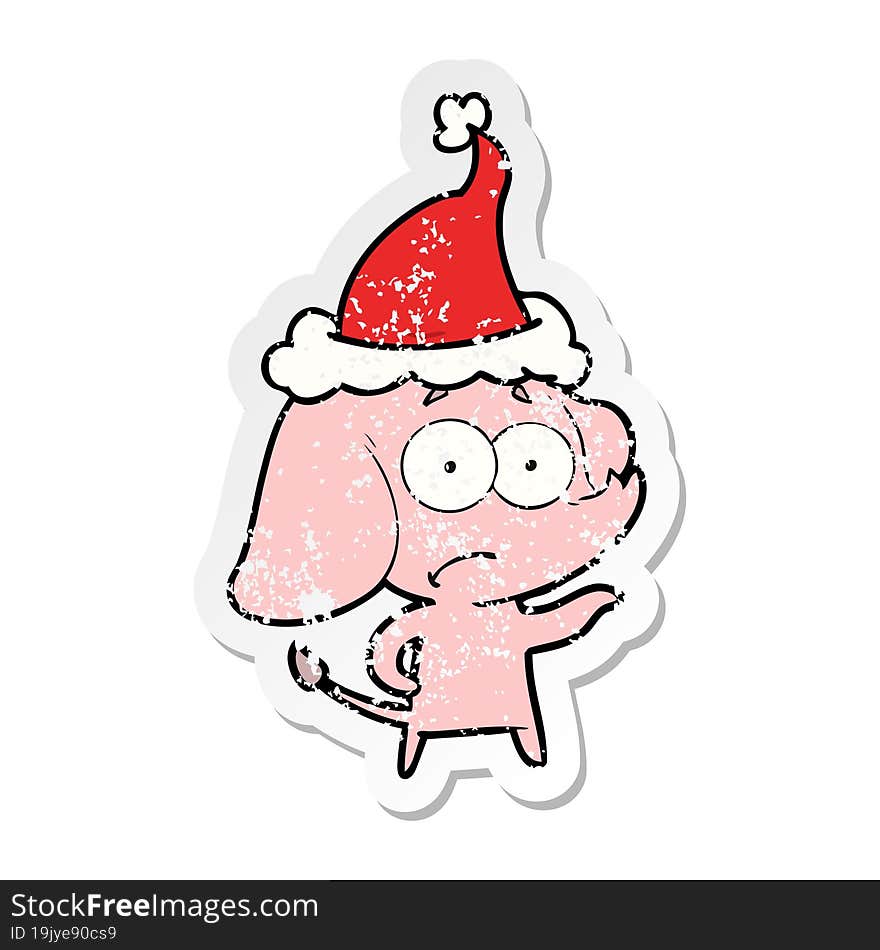 distressed sticker cartoon of a unsure elephant wearing santa hat